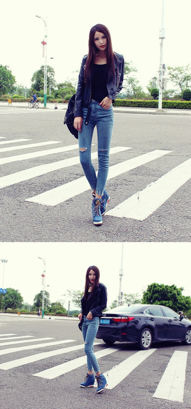 Women's Denim Wedges high top sneakers Platform Casual Fashion Woman Zipper Vulcanized Shoes Thick Bottom Big Size 41