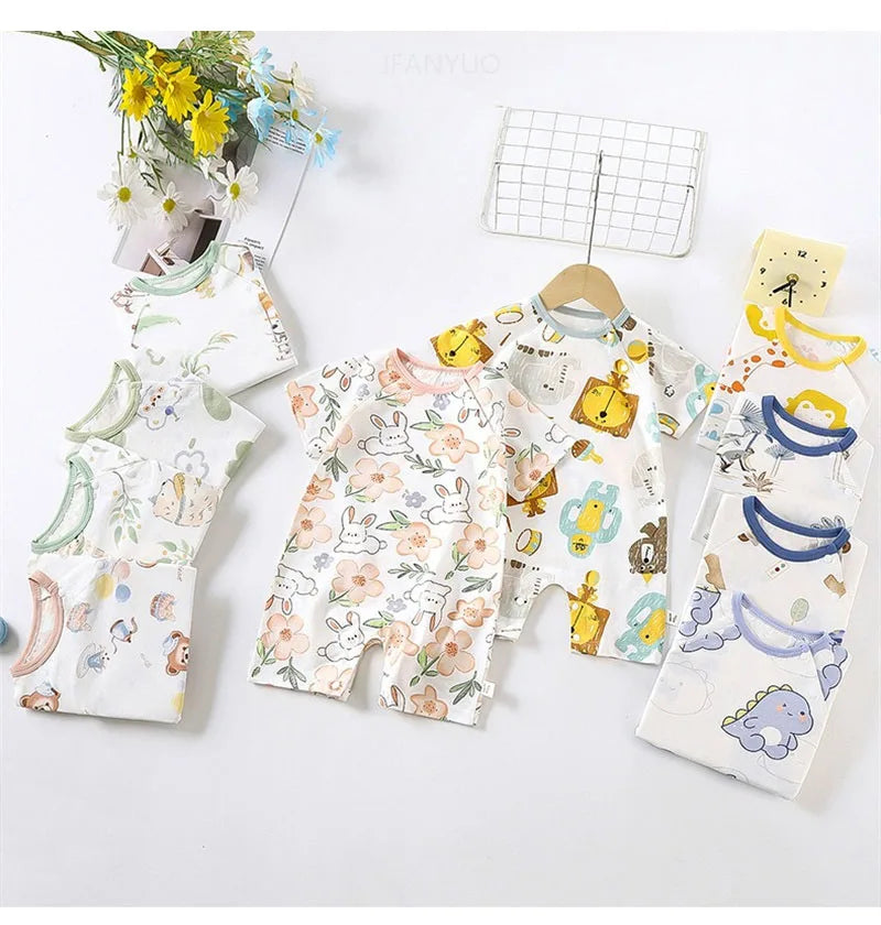 Cute Baby Cartoon Jumpsuit Summer Short Sleeved Thin Cotton Newborn Infant Clothing Bodysuit Boys Girls Crawling Clothes Rompers