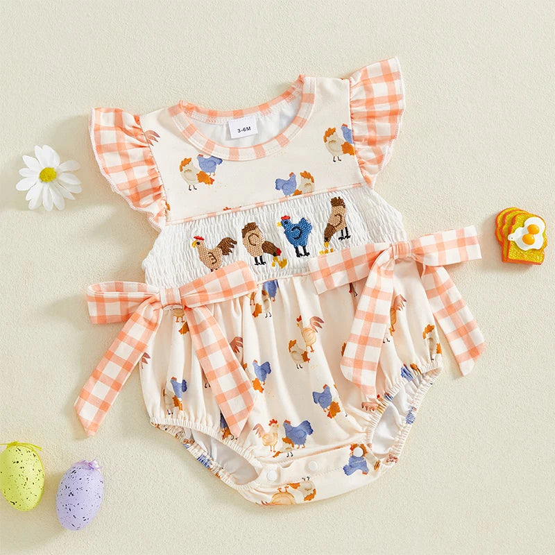 Newborn Baby Girl Romper Farm Chicken Outfit Ruffle Smocked Plaid Bodysuit Western Country Summer Clothes