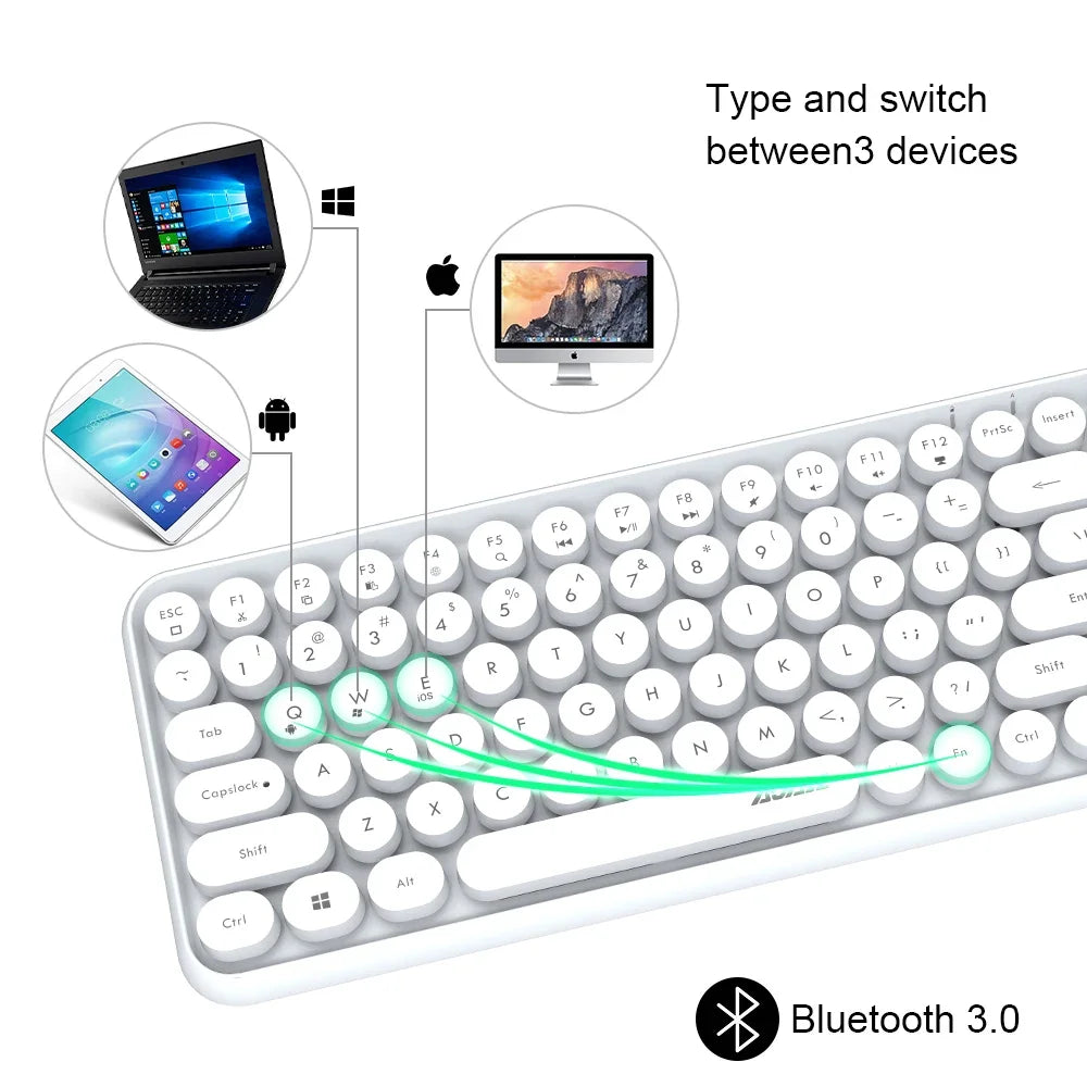 Ajazz 308I Wireless Bluetooth Keyboard 84 Keys Multi-Device Portable Keyboard Retro Typewriter Round Keycaps for IOS Android Win