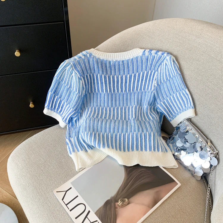 Summer Women's Sweater Sequins Striped Slim Knit Pullovers T-shirts Crop Tops Stylish Chic Fashion Short Sleeve O-neck Jumpers