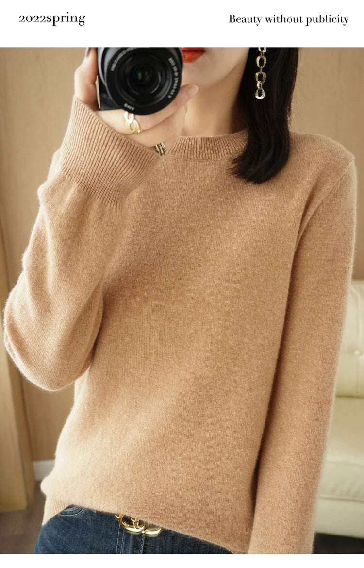 Women Merino Wool Sweater O-Neck Pullover Spring Autumn Long Sleeve Knitwear Slim Solid Color Fashion Bottoming Clothing Tops
