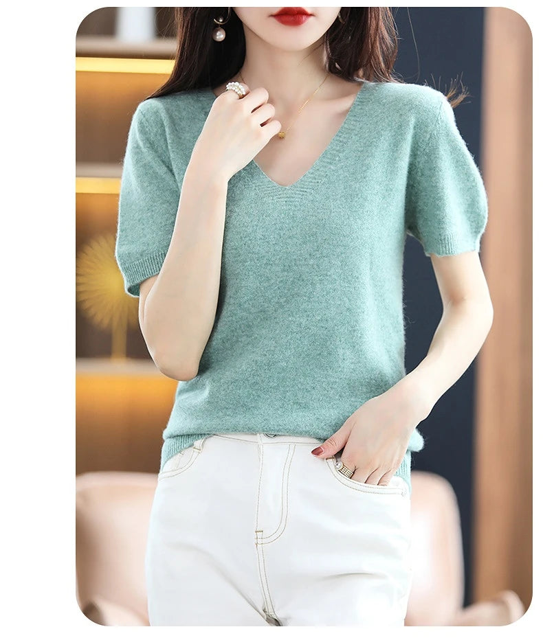 Spring Summer Women Sweater Knit Tshirts V-neck Short Sleeve Knitwears Korean Fashion Pullovers Solid Bottoming Shirt Jumper