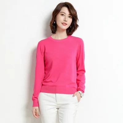 Women Merino Wool Sweater O-Neck Pullover Spring Autumn Long Sleeve Knitwear Slim Solid Color Fashion Bottoming Clothing Tops