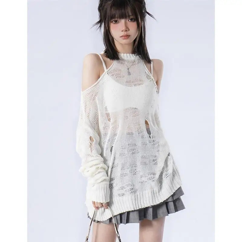 Exposed Shoulder Knitted Top Loose Women Y2k Aesthetic Hollow Out Thin Pullover Jacket Spring Summer Fashion Casual Sexy Sweater