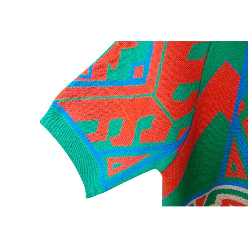 Summer Vintage Patchwork Geometric Pattern Knitted Sweater Women Fashion O-Neck Short Sleeve Knitted Pullover Tops Knitwear