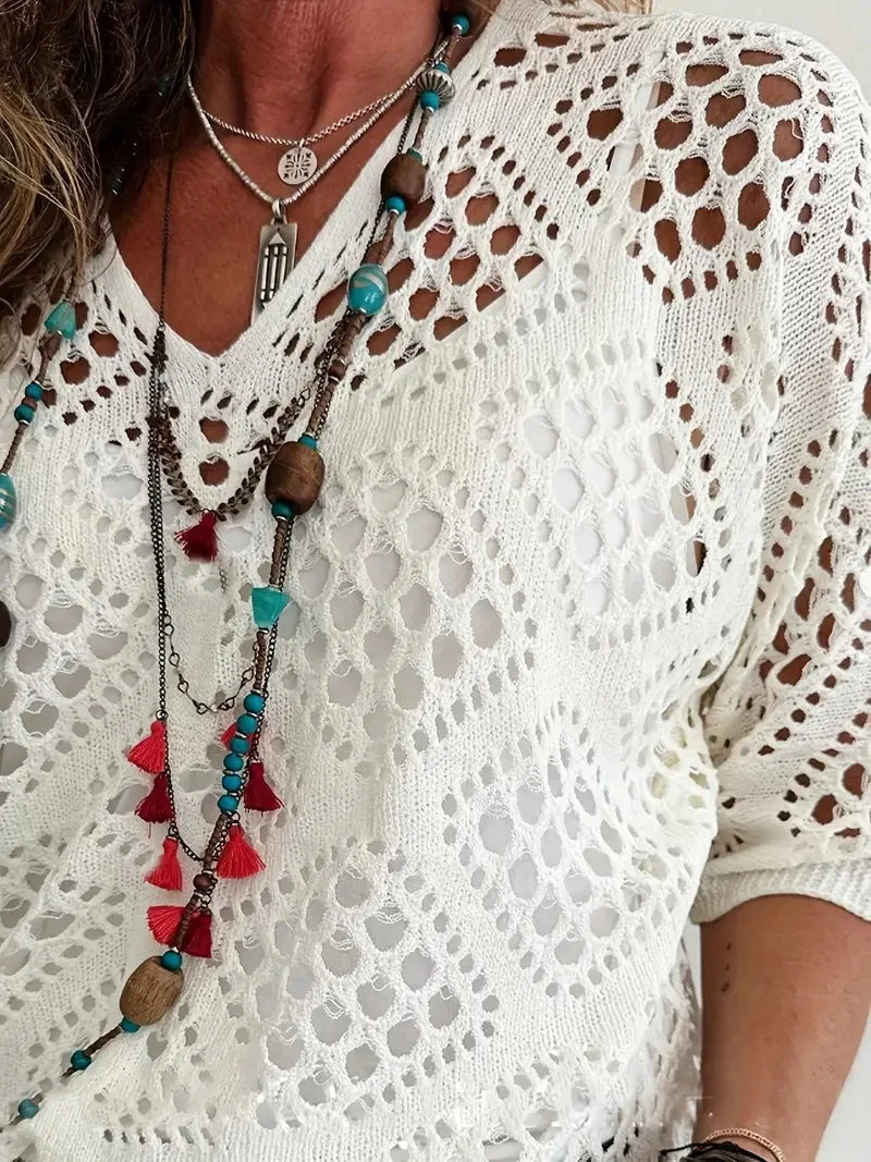 New Sexy V Neck Hollow Out Knitted Sweater Spring Solid Half Sleeve Cape Top Pullover Autumn Fashion Cover Up Women Beach Top