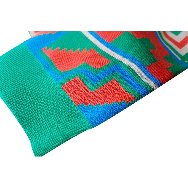 Summer Vintage Patchwork Geometric Pattern Knitted Sweater Women Fashion O-Neck Short Sleeve Knitted Pullover Tops Knitwear