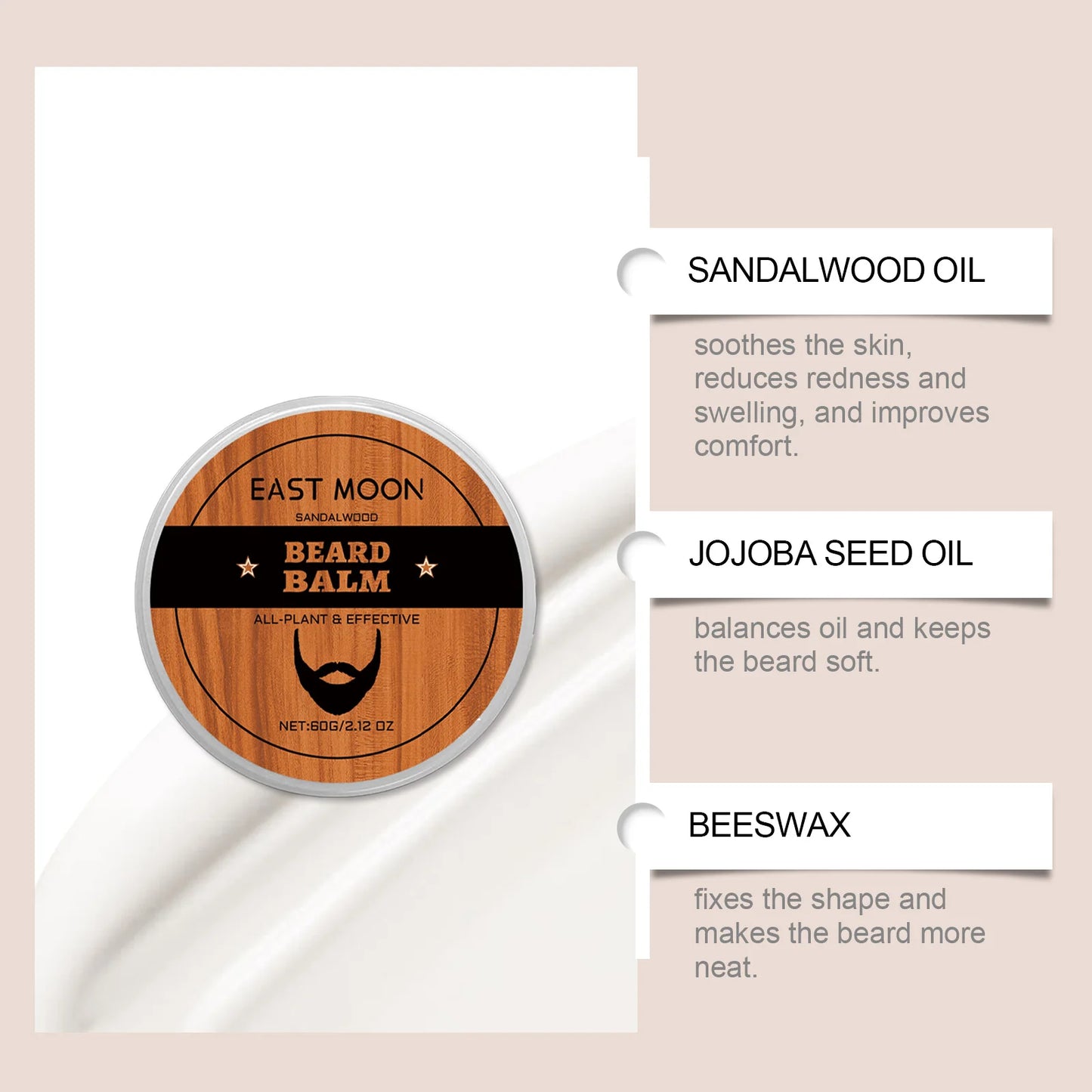 Beard Balm for Men with Sandalwood&Beeswax - Nourishing&Softening Beard Care Balm, Vitamin E Enriched, Anti-Itch Formula for dry