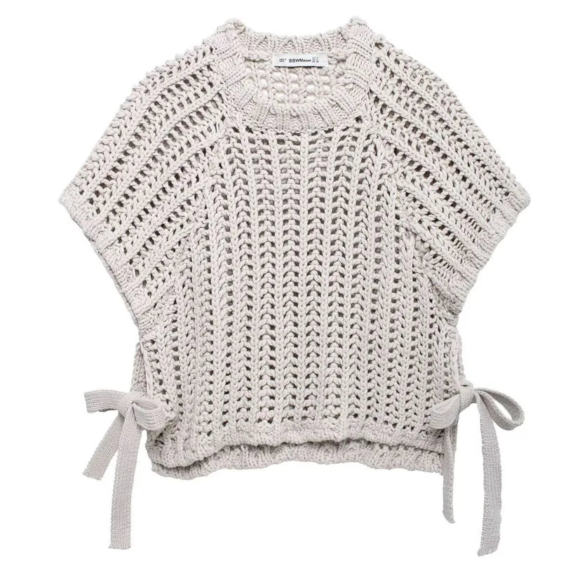 Female Clothing Cropped Net Sweater Cardigan For Women Korean Fashion Summer Knit Short Sleeve Cute Elegant Woman Crochet Top