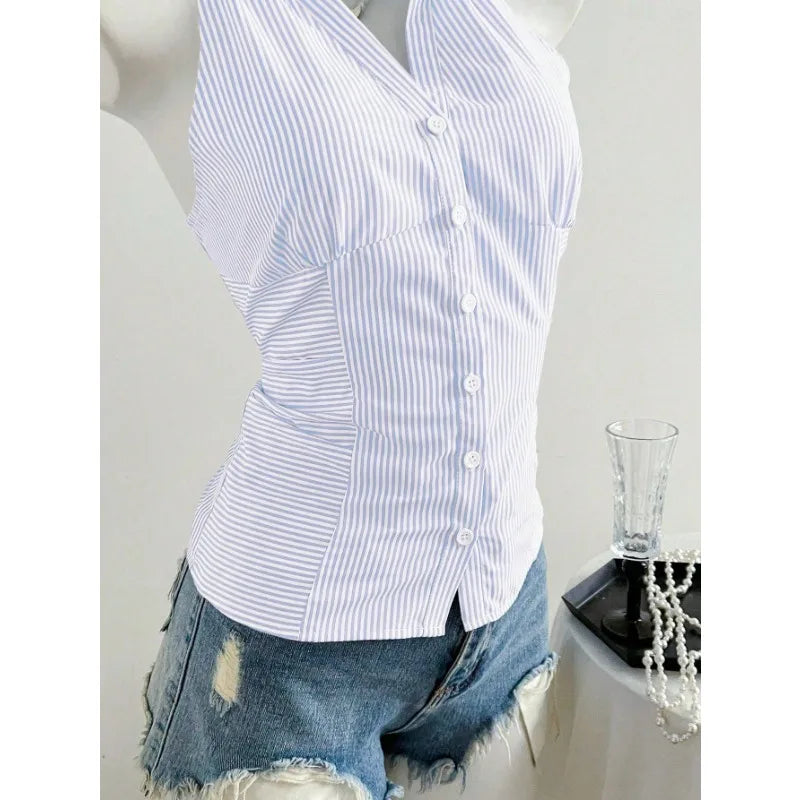 2025 Sexy Fashion Causal Stripe V Neck Sleeveless Holiday Design Plaid Skinny Halter Women Tank Chic Holiday Streetwear Tanks