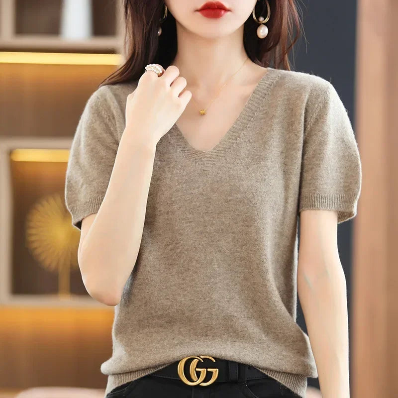 Spring Summer Women Sweater Knit Tshirts V-neck Short Sleeve Knitwears Korean Fashion Pullovers Solid Bottoming Shirt Jumper