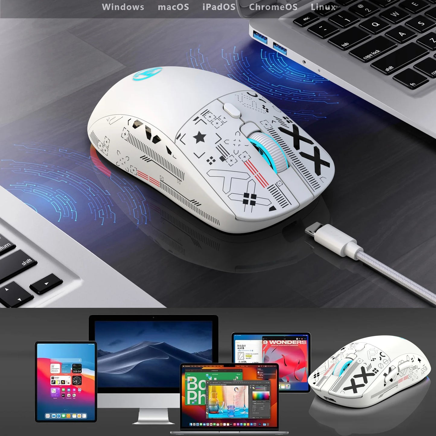 HXSJ T90 Thir-Mode wireless mouse (Wired+2.4G+BT) RGB Backlight 650mAh Gaming Mouse