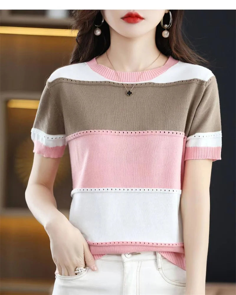 2024 Summer New Ice Silk T-shirt Short-sleeved Stripes knitted Pullover Womens Color Matching Hollow Thin Knitted Sweater Ladies