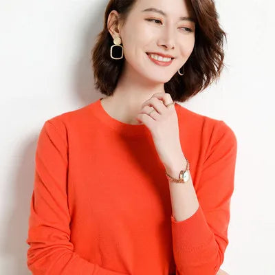 Women Merino Wool Sweater O-Neck Pullover Spring Autumn Long Sleeve Knitwear Slim Solid Color Fashion Bottoming Clothing Tops