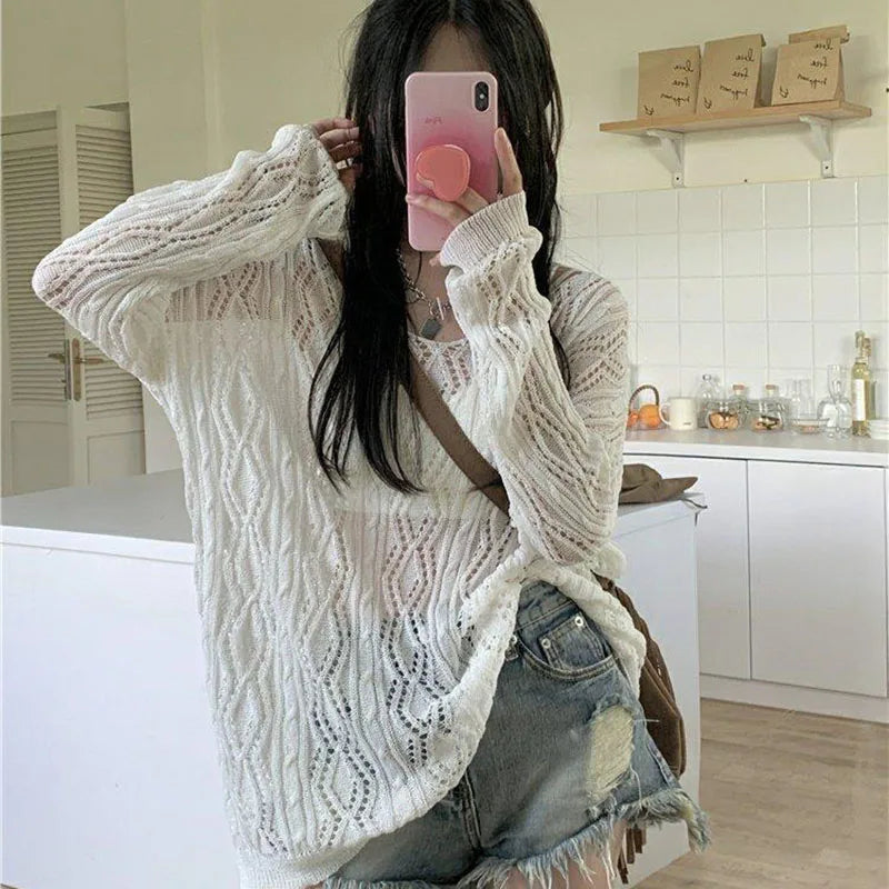 Fashion Two-Sided Wear Knitted Pullover Women Summer Thin Hollow Out Sunscreen Knitwear Woman Streetwear Loose See Through Tops