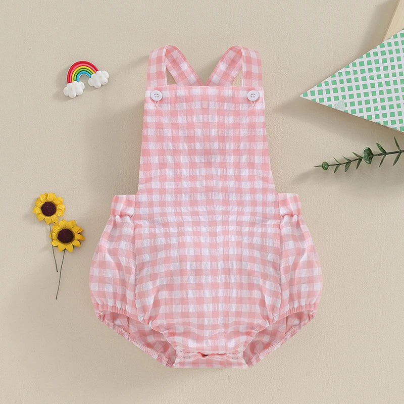 Summer Toddler Baby Girls Boys Overalls Romper Casual Sleeveless Plaid Stripe Print Jumpsuit Fashion Infant Newborn Clothes