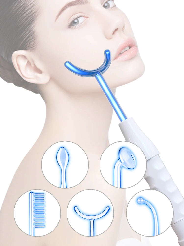 AOKO Blue 5-in-1High Frequency Facial Machine For Hair Face Anti Aging Therapy Acne Tool Fusion Neon+Argon Wands Skin care