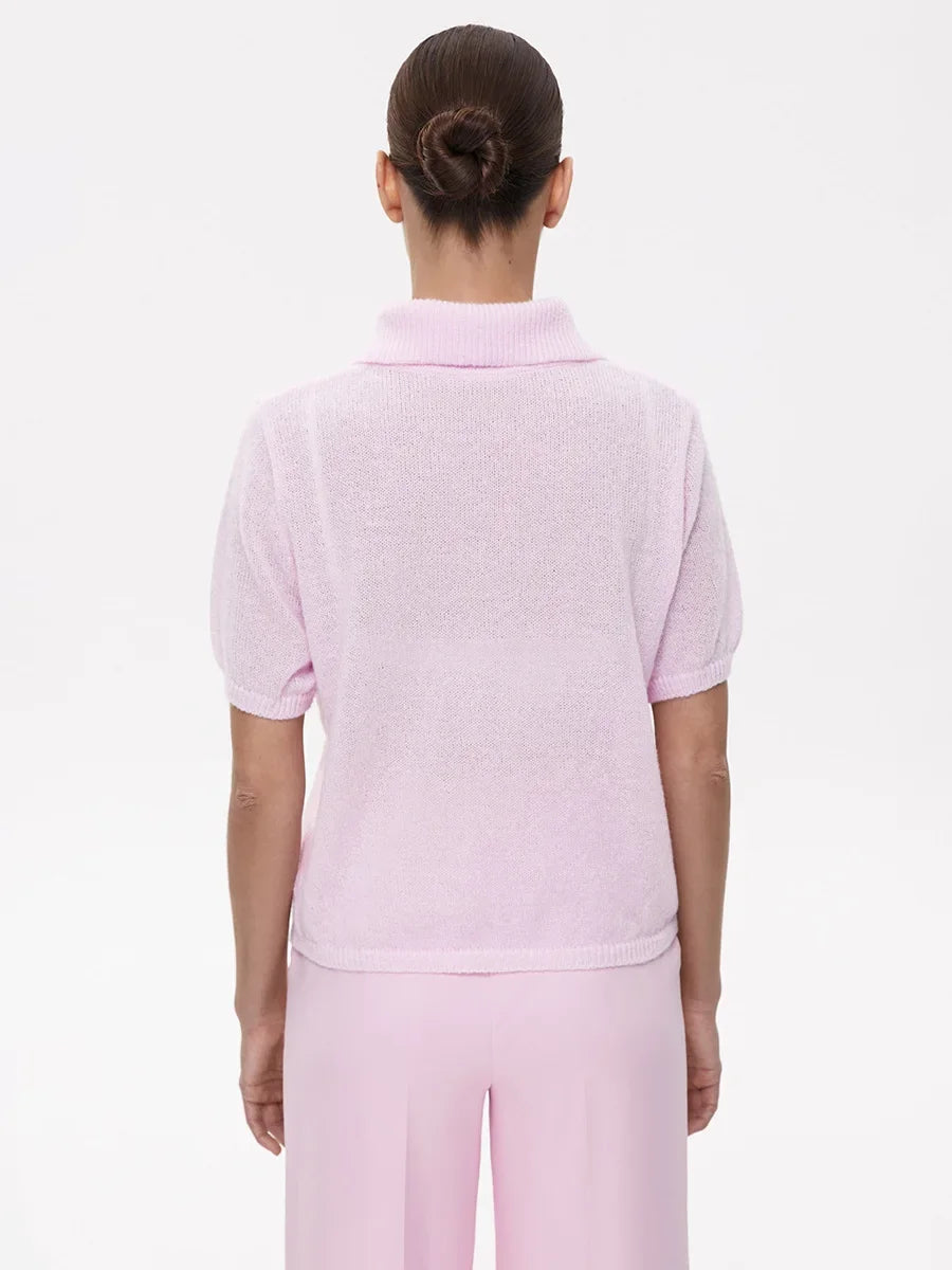 Wolfeel Summer New Polo Collar Hollow Knitted Short Sleeved Sweater Women's Bubble Sleeve T-shirt Female Simple Knitted Sweater