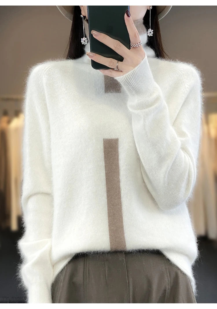 RONGYI 100% Mink Cashmere Women's Turtleneck Pullover Knitted Color Matching Fashion Casual Coat Autumn And Winter Hot Top