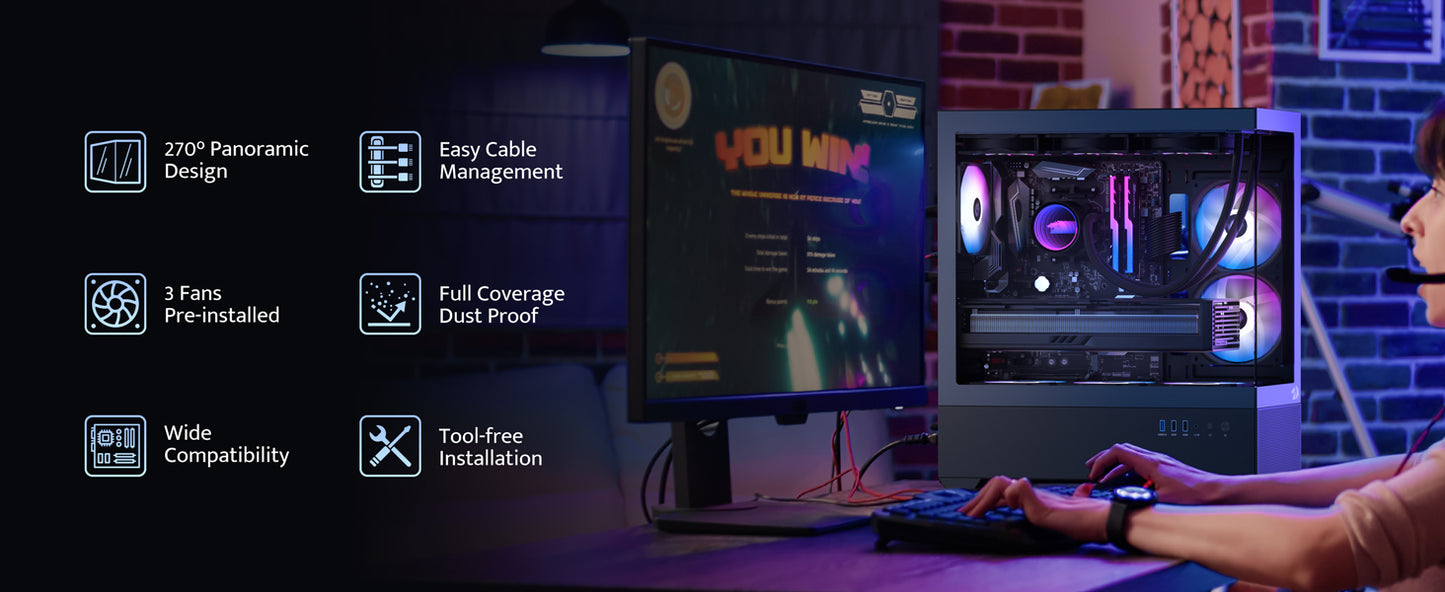 Redragon CA606 Gaming Back-Mounted ATX Computer Chassis,3 x 120mm Fans Pre-Installed 270° Full View PC Case,