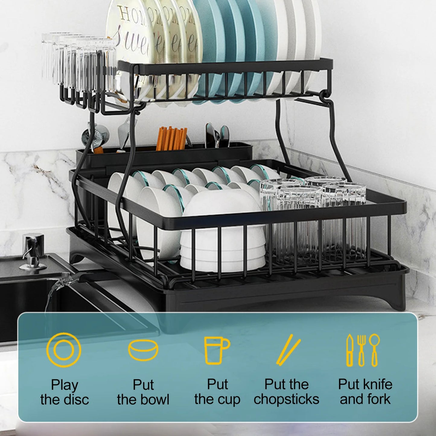 Home Kitchen 2-Tier Stainless Steel Foldable Dish Racks ,18.9"x12.2"x11.8"in, Black