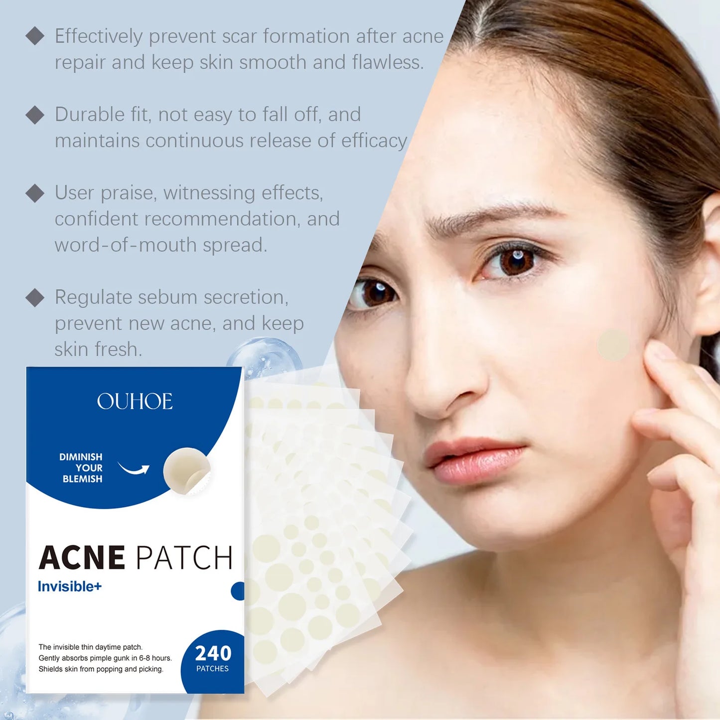 Ouhoe 240pcs Invisible Acne Patches Face Spot Scar Care Pimple Remover Waterproof Acne Healing Concealer Covering Face Stickers