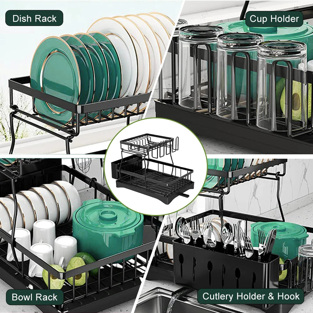Home Kitchen 2-Tier Stainless Steel Foldable Dish Racks ,18.9"x12.2"x11.8"in, Black