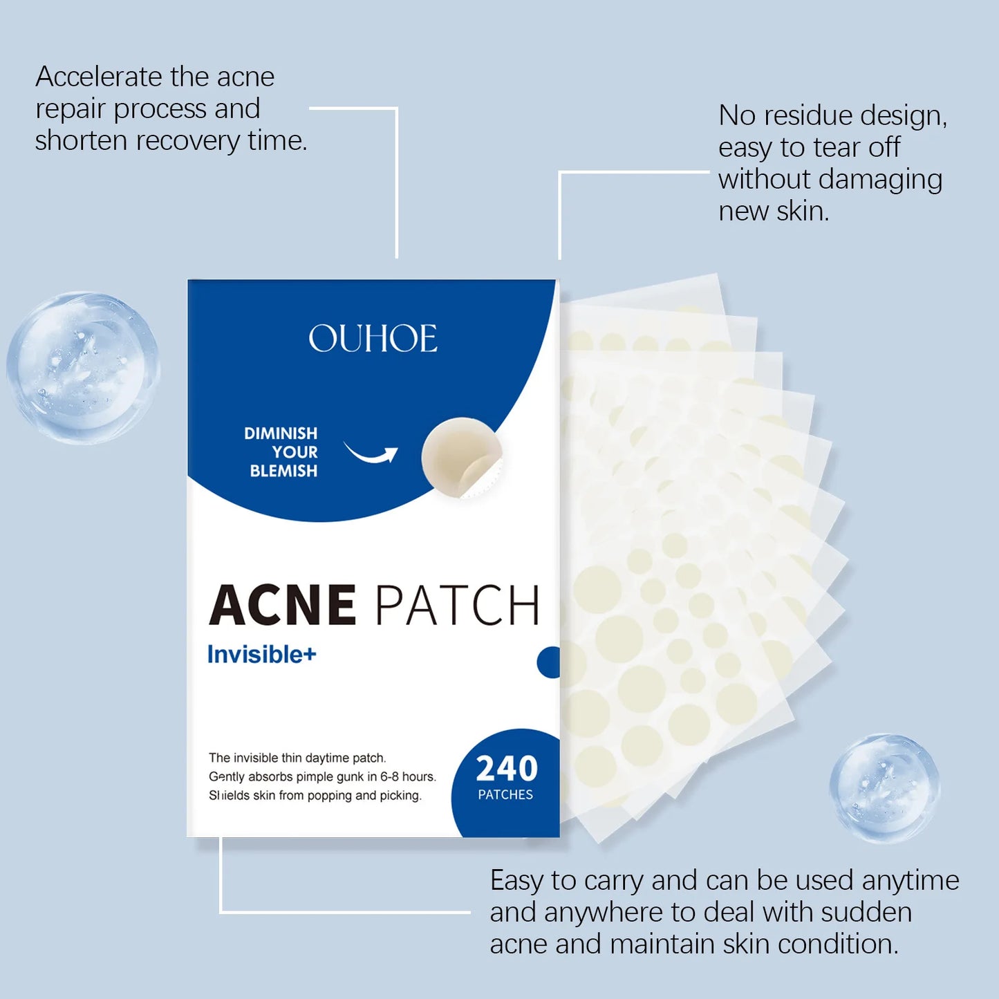 Ouhoe 240pcs Invisible Acne Patches Face Spot Scar Care Pimple Remover Waterproof Acne Healing Concealer Covering Face Stickers