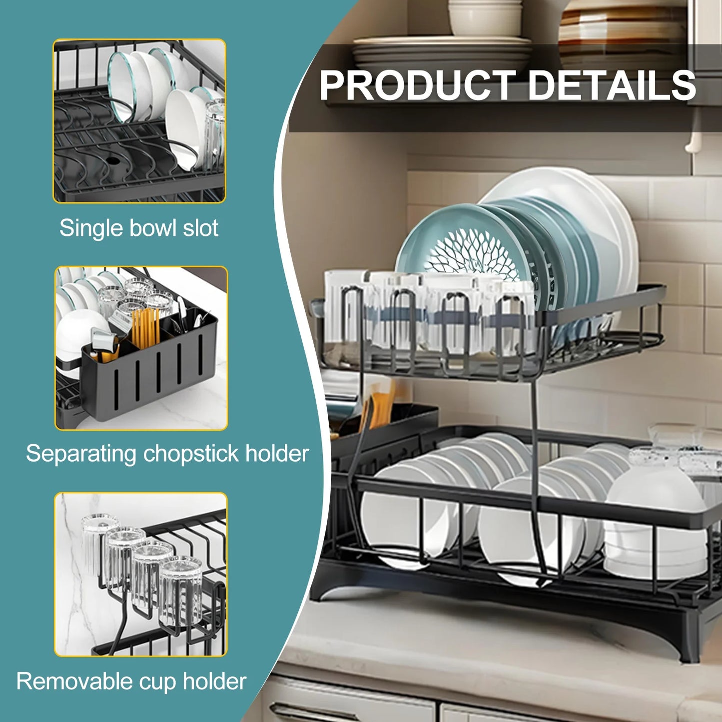 Home Kitchen 2-Tier Stainless Steel Foldable Dish Racks ,18.9"x12.2"x11.8"in, Black