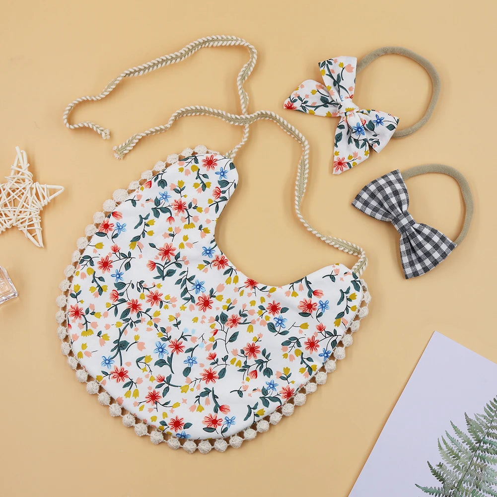 3Pcs/Set Flower Print Cotton Linen Baby Boy Girl Bibs Elastic Nylon Headband Double-Deck Saliva Towel Feeding Bandana Apron Burp