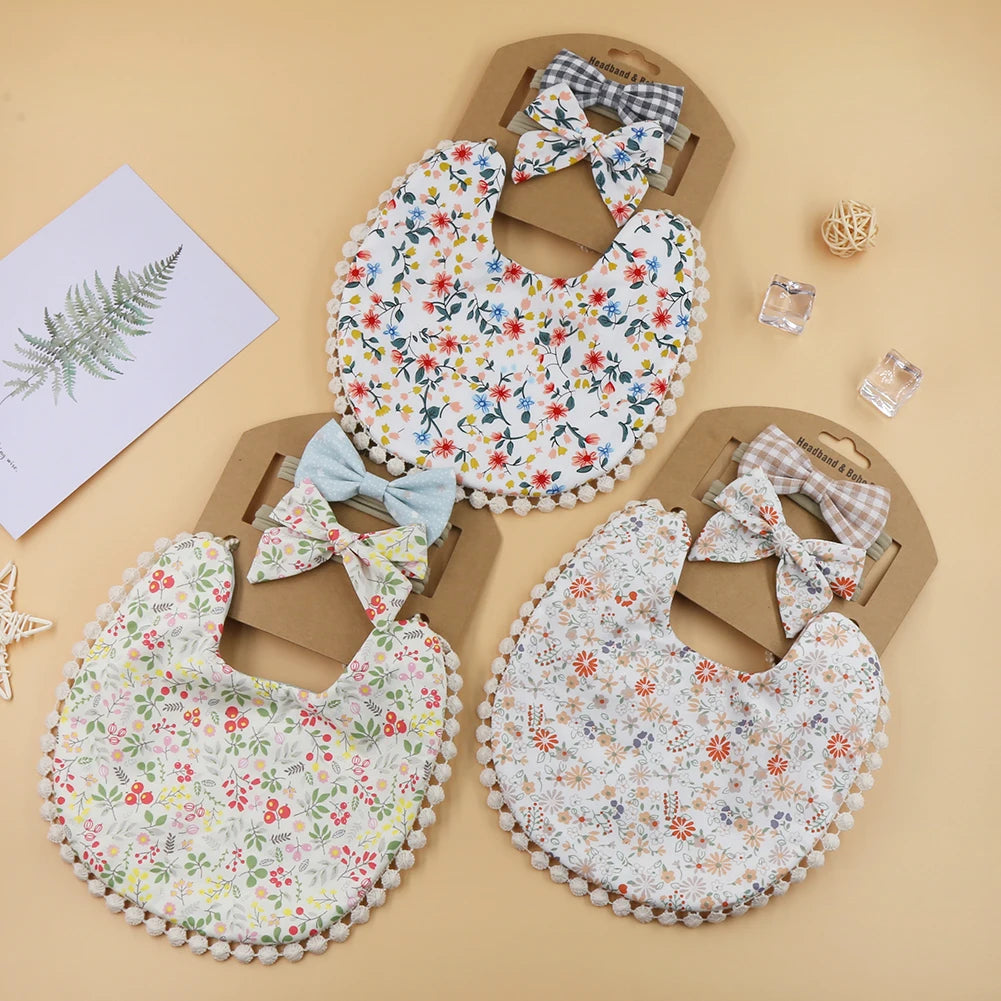 3Pcs/Set Flower Print Cotton Linen Baby Boy Girl Bibs Elastic Nylon Headband Double-Deck Saliva Towel Feeding Bandana Apron Burp
