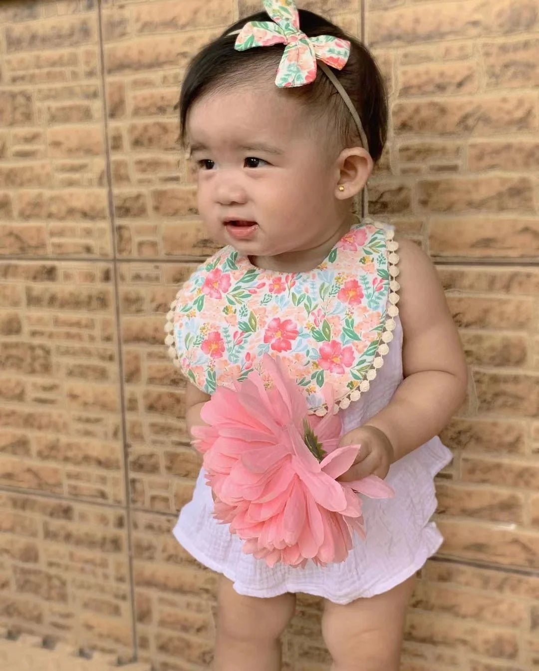3Pcs/Set Flower Print Cotton Linen Baby Boy Girl Bibs Elastic Nylon Headband Double-Deck Saliva Towel Feeding Bandana Apron Burp