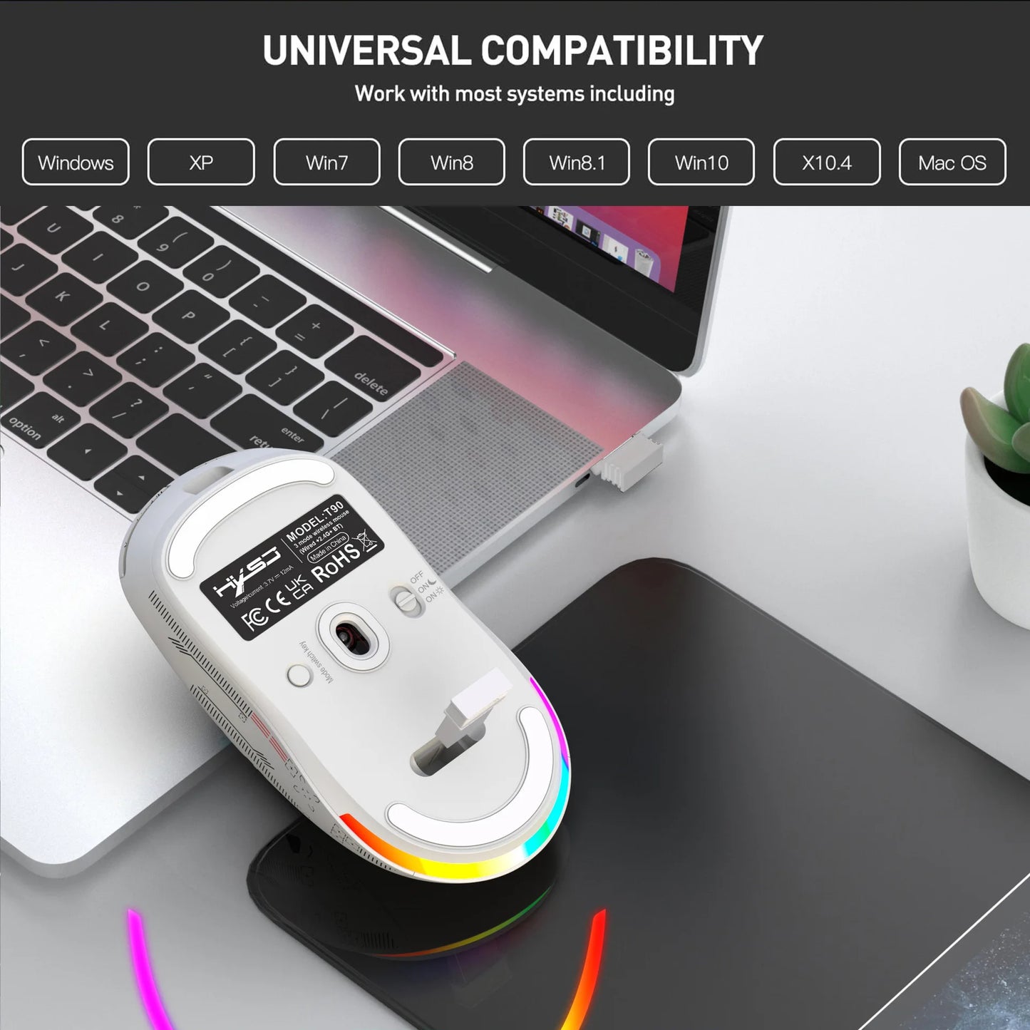 HXSJ T90  Thir-Mode wireless mouse (Wired+2.4G+BT) RGB Backlight 650mAh Gaming Mouse