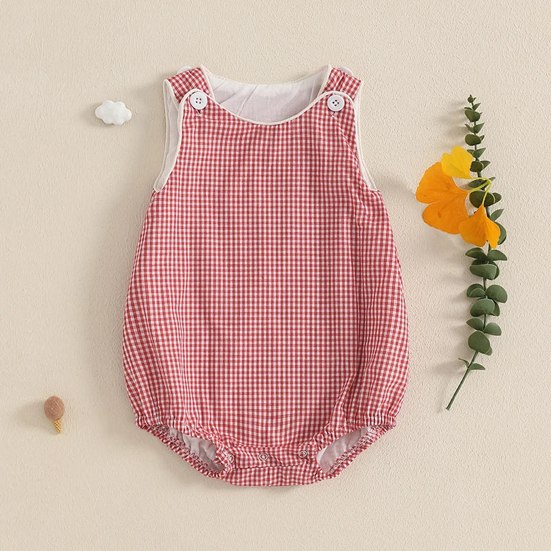 0-18M Newborn Baby Summer Tank Romper Plaid Print Sleeveless Round Neck Jumpsuit for Boys and Girls