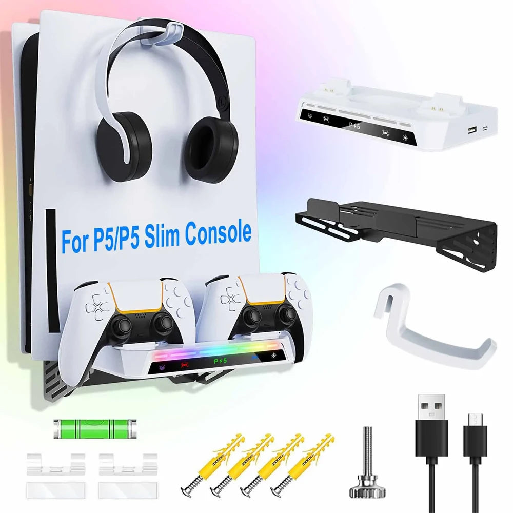 Wall Mount Kit For PS5/ Pro/ Slim Console with RGB Light Charging Station Headset Hanger For PS5 Dual Controller Accessories