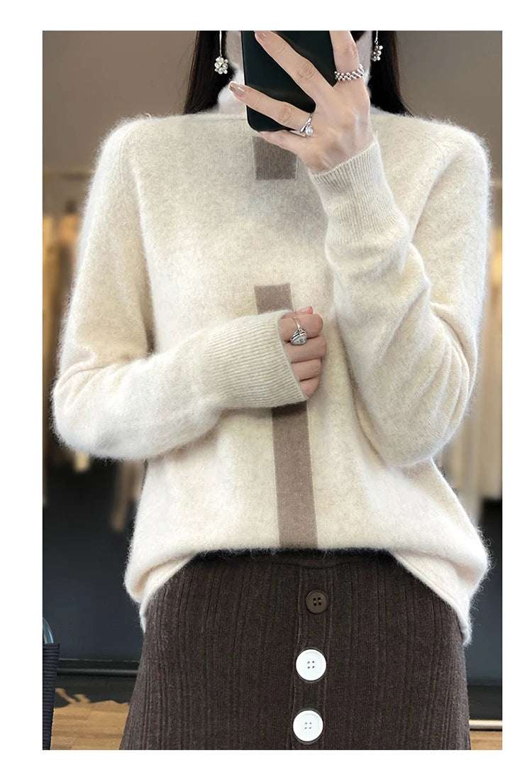 RONGYI 100% Mink Cashmere Women's Turtleneck Pullover Knitted Color Matching Fashion Casual Coat Autumn And Winter Hot Top