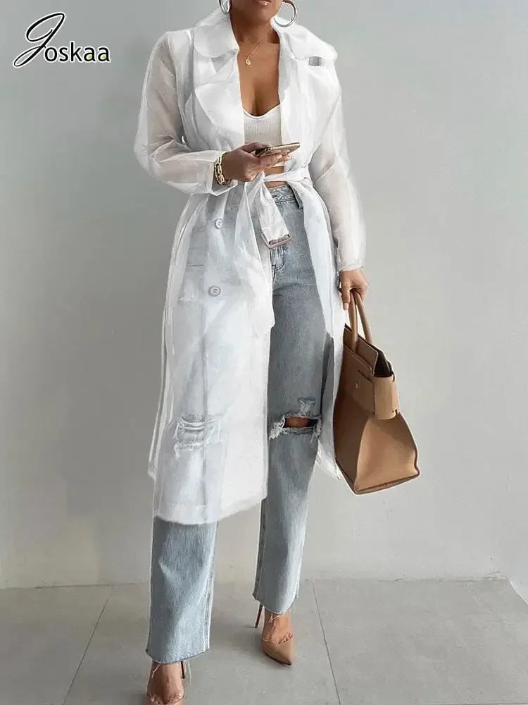 Joskaa Solid Organza See Through Lapel Full Sleeve Trench 2023 Summer Women Fashion Buttoned Coat with Belt Elegant Shirts