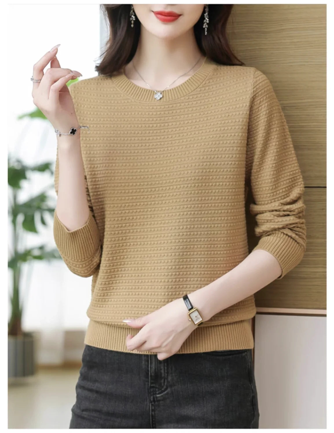 AutumnWinter New Solid Color Women's Base Layer Fashion Hollow Knit Long Sleeve Sweater
