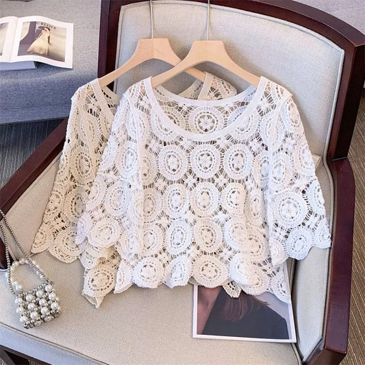 2025 Lace Chic Women's Short French Style Hollowed-out Knitted Sweater Pullover Korean Style New Loose Summer New Top