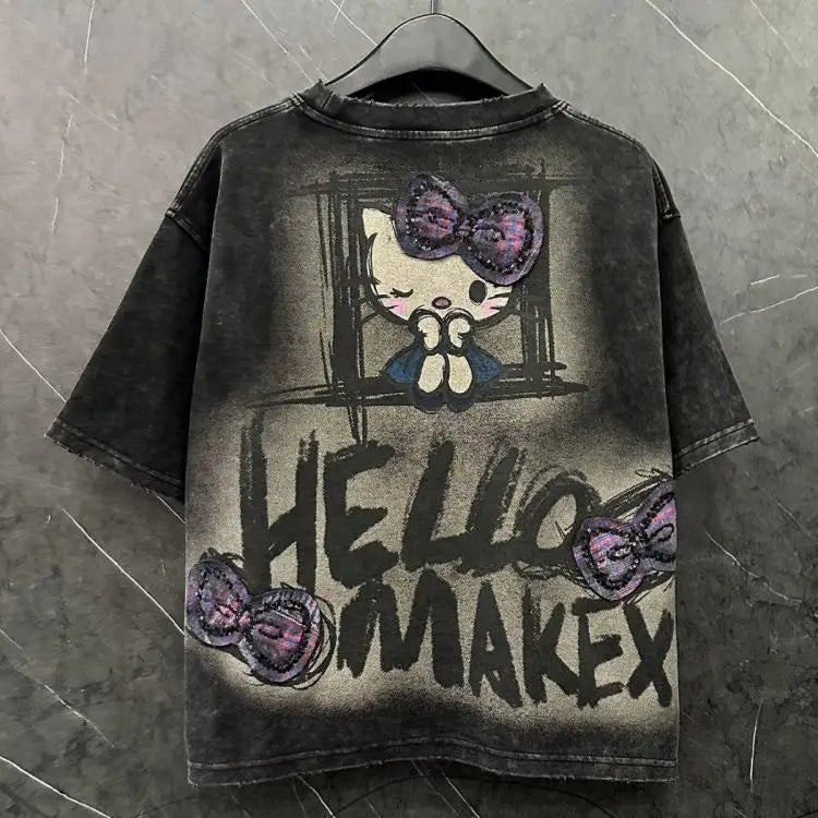Y2K Hello Kitty Summer Girls T-Shirt Short Sleeve Anime Sanrios Cartoon Cute Sweet Cotton Women Kawaii Casual Loose Trend Tops