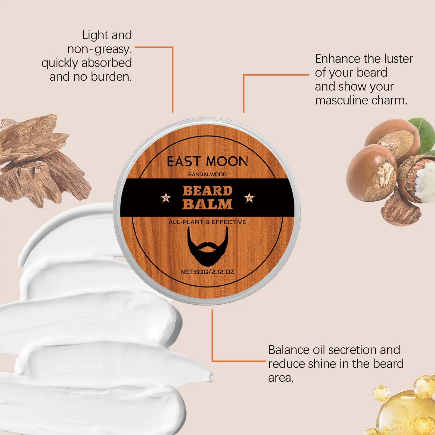 Beard Balm for Men with Sandalwood&Beeswax - Nourishing&Softening Beard Care Balm, Vitamin E Enriched, Anti-Itch Formula for dry
