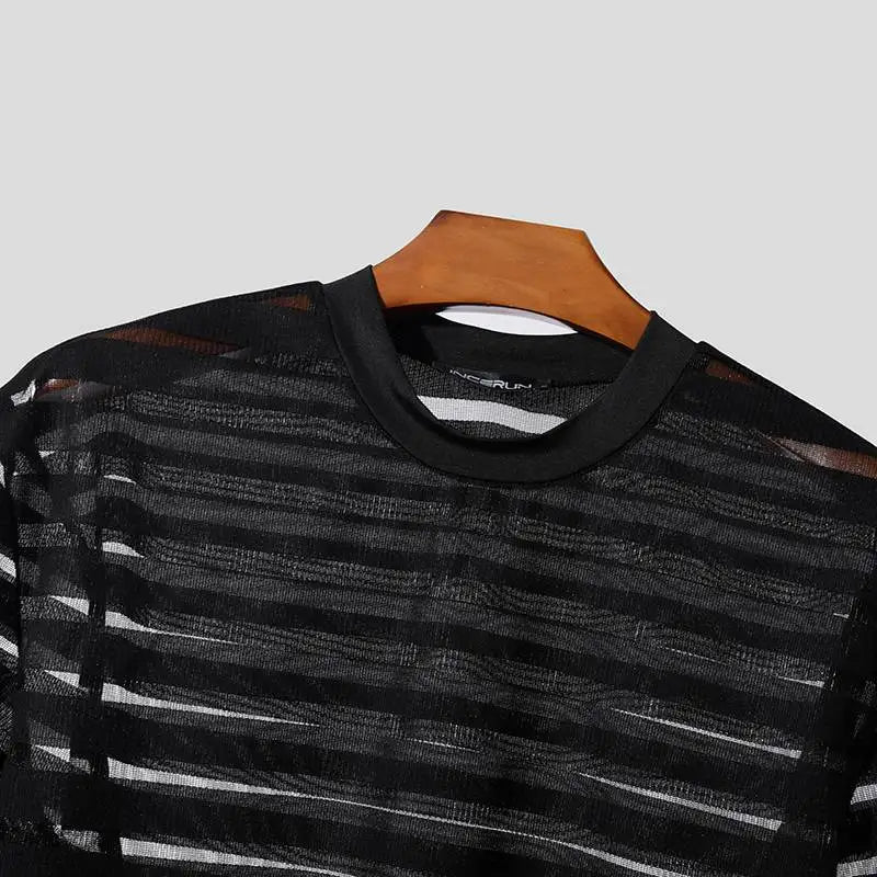 2023 Men T Shirt Mesh Striped O-neck Short Sleeve Transparent Men Clothing Streetwear Sexy Korean Fashion Tee Tops S-5XL INCERUN