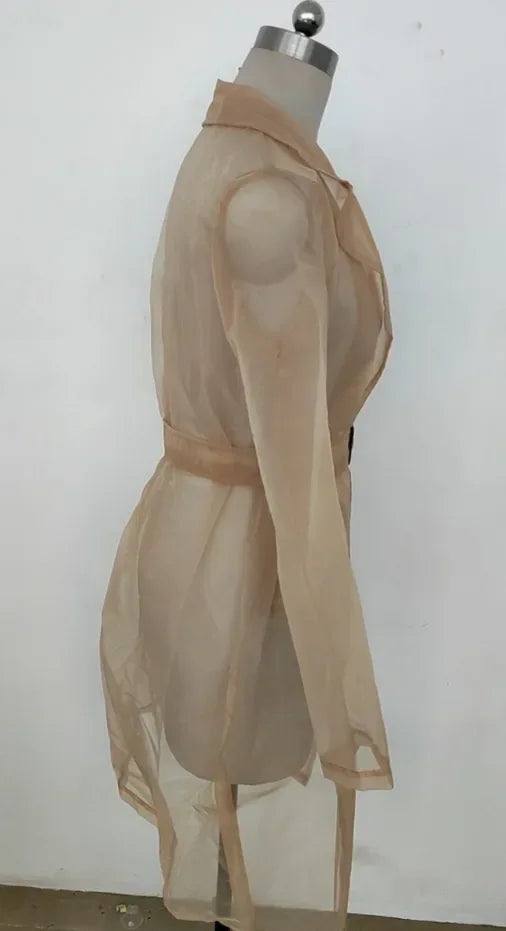Joskaa Solid Organza See Through Lapel Full Sleeve Trench 2023 Summer Women Fashion Buttoned Coat with Belt Elegant Shirts