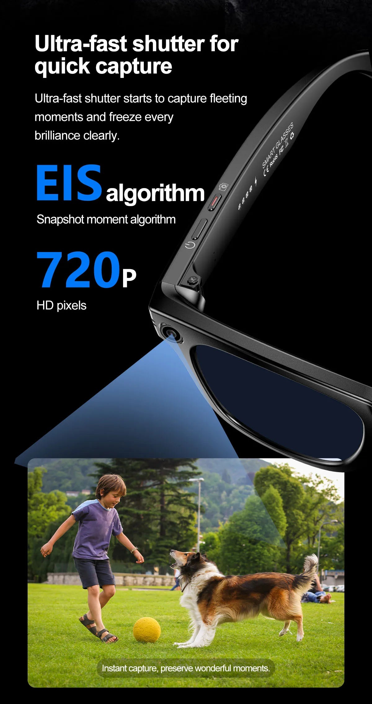 Smart Glasses Recording Videos AI Photo Recognition Answer Translation 260mAh Large Battery IP65 Waterproof Bluetooth Glasses
