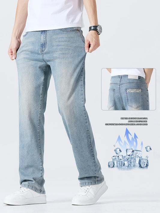Summer Thin Men's Printed Jeans Breathable Fashion Business Loose Pants Washing Vintage Casual Denim Trousers Male