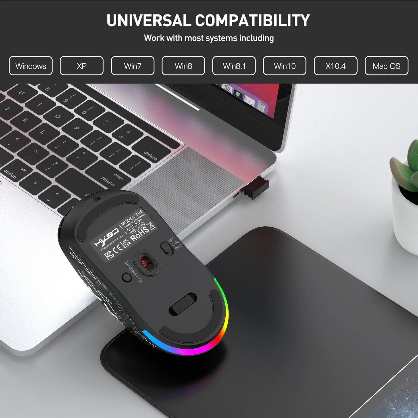 HXSJ T90  Thir-Mode wireless mouse (Wired+2.4G+BT) RGB Backlight 650mAh Gaming Mouse