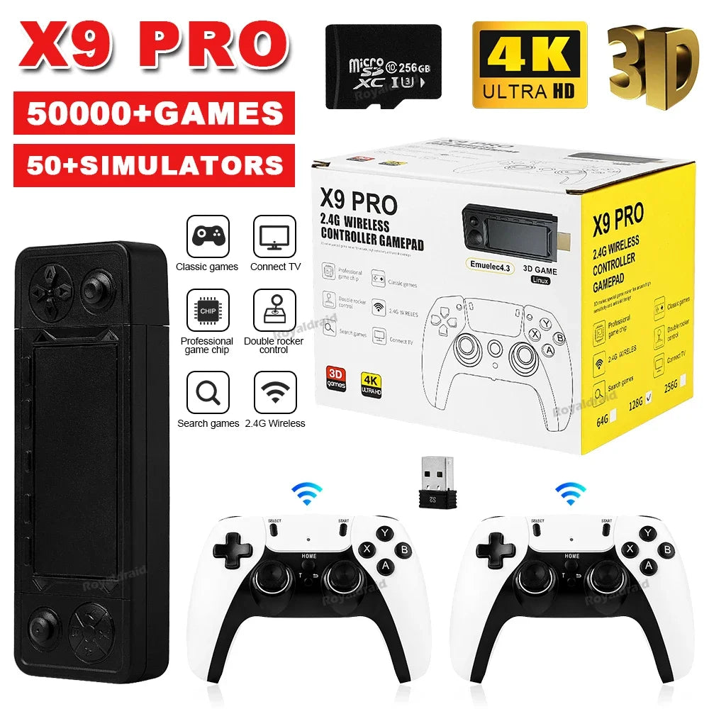 128G 256G X9 PRO GameStick 4KHD TV Video Game Consol 3D Games For PSP/PS1/N64/NDS 40+Simulators Retro Games Dual 2.4G Controller