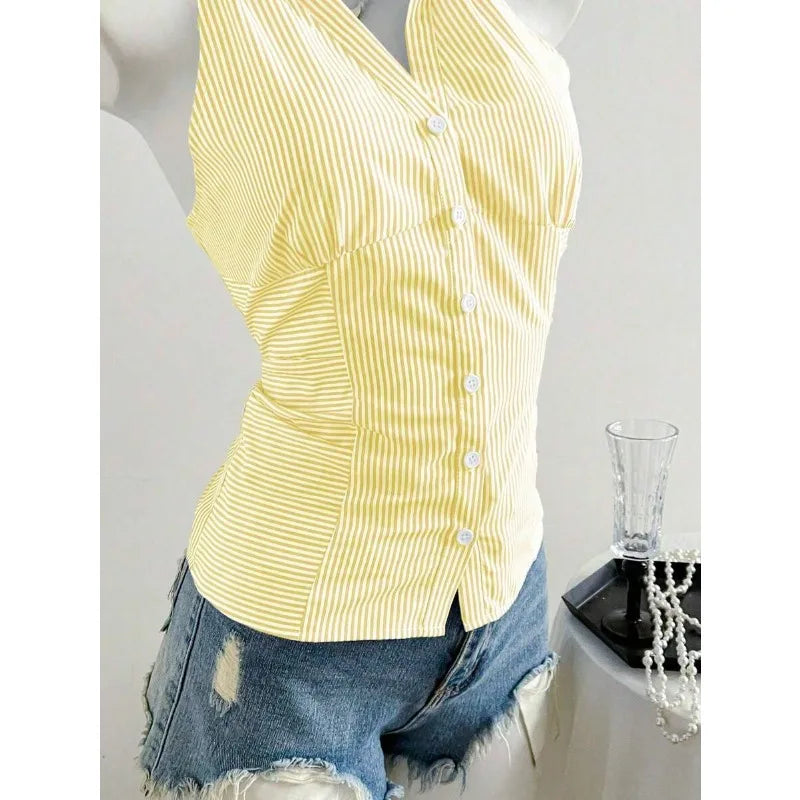 2025 Sexy Fashion Causal Stripe V Neck Sleeveless Holiday Design Plaid Skinny Halter Women Tank Chic Holiday Streetwear Tanks