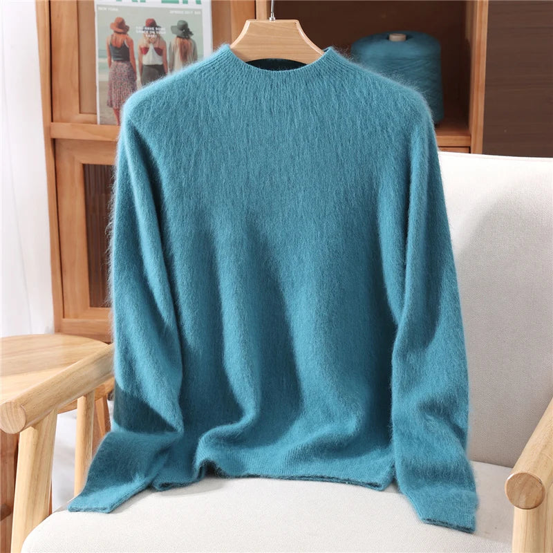 Women's Sweater Semi High Neck Autumn/Winter Pullover Long Sleeved High-End 100% Mink Fur Knitted Sweater Fashion Korean Version